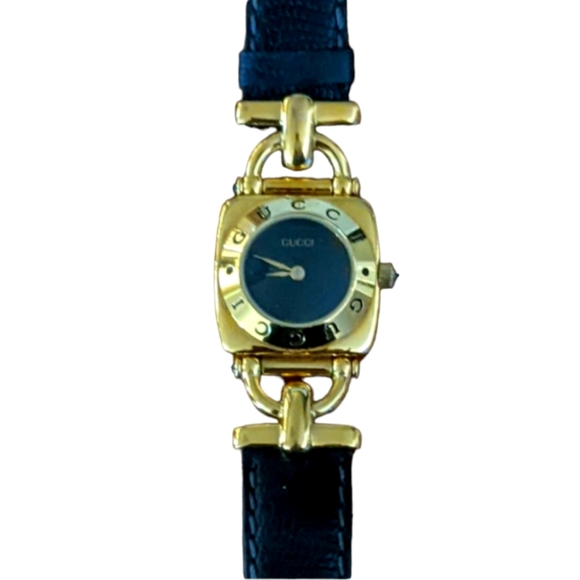 Gucci Accessories - Vintage Women's Gucci Horsebit Watch - Black Leather Wristband with Gold Face.